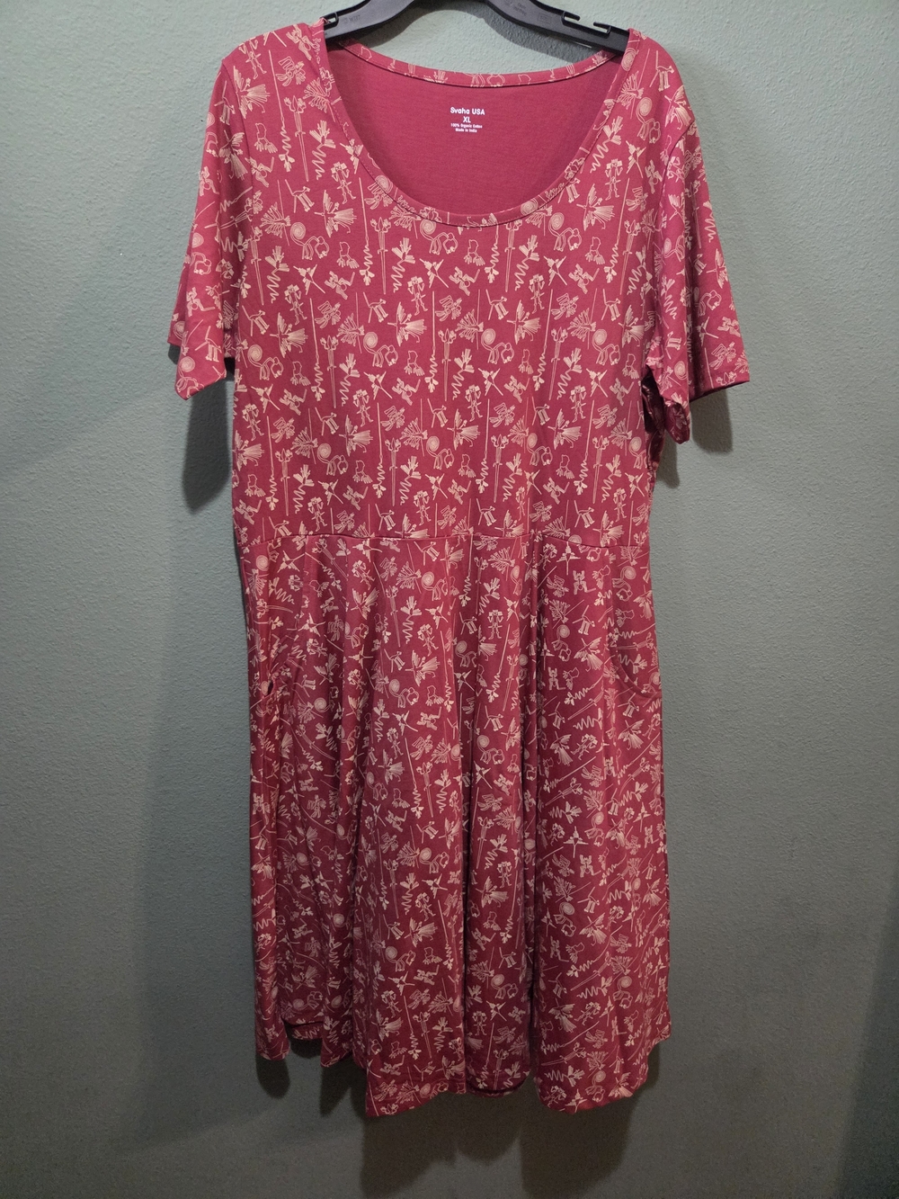 Svaha Nazca Lines Pink Floral Scoop Neck Knit Dress Twirl Size XL